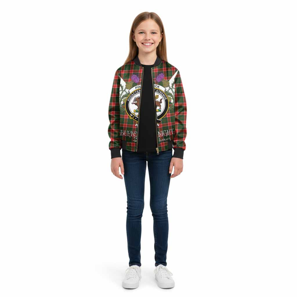 Pollock Tartan Family Crest Kid Bomber Jacket Scottish Burns Night Thistle Floral