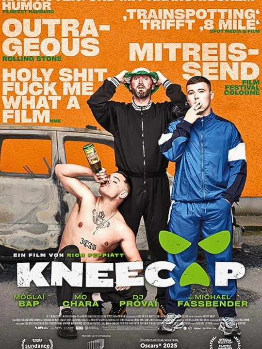 Poster for Irish comedy Kneecap showing three rebellious youths posing defiantly