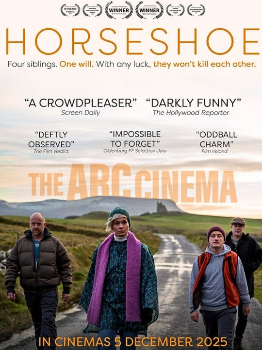 Poster of Irish dark comedy Horseshoe showing four siblings walking a rural road