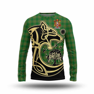 Tartan Vibes Clothing Prendergast Irish Tartan Long Sleeve T-Shirt with Coat of Arms Celtic Wolf Style