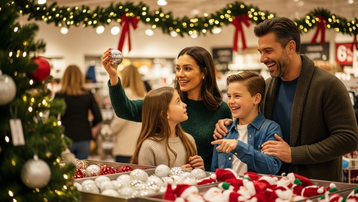 Happy family shopping for Christmas decorations together, choosing ornaments in a festive store decorated with garlands, lights, and holiday colors.