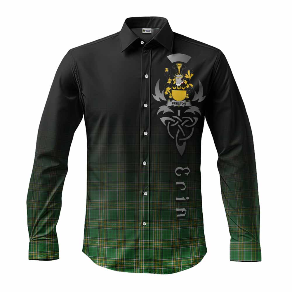 Tartan Vibes Clothing Preston Irish Clan Long Sleeve Button Shirt with Coat of Arms Erin Go Bragh Celtic Inspired