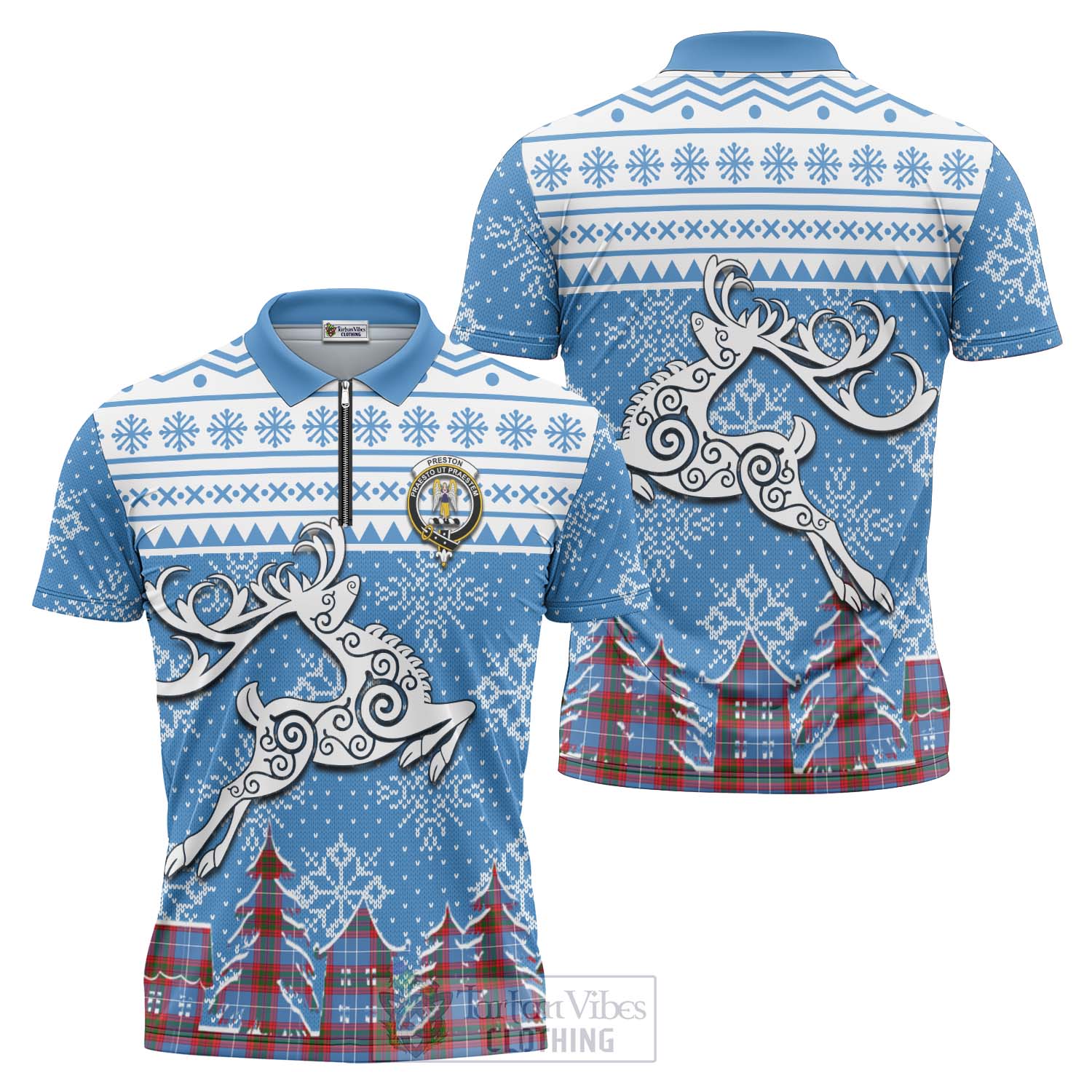 Preston Clan Christmas Zipper Polo Shirt Celtic Reindeer Style Unisex - Tartan Vibes Clothing