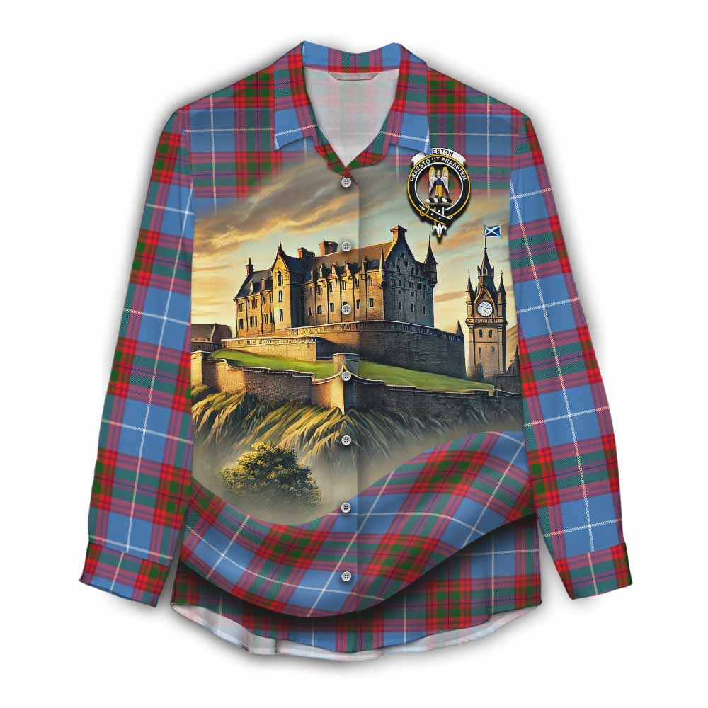 Preston Tartan Family Crest Women's Casual Shirt with Scottish Ancient Castle Style Female - Tartan Vibes Clothing