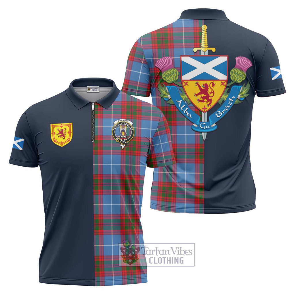 Preston Tartan Zipper Polo Shirt Alba with Scottish Lion Royal Arm Half Style Unisex - Tartan Vibes Clothing