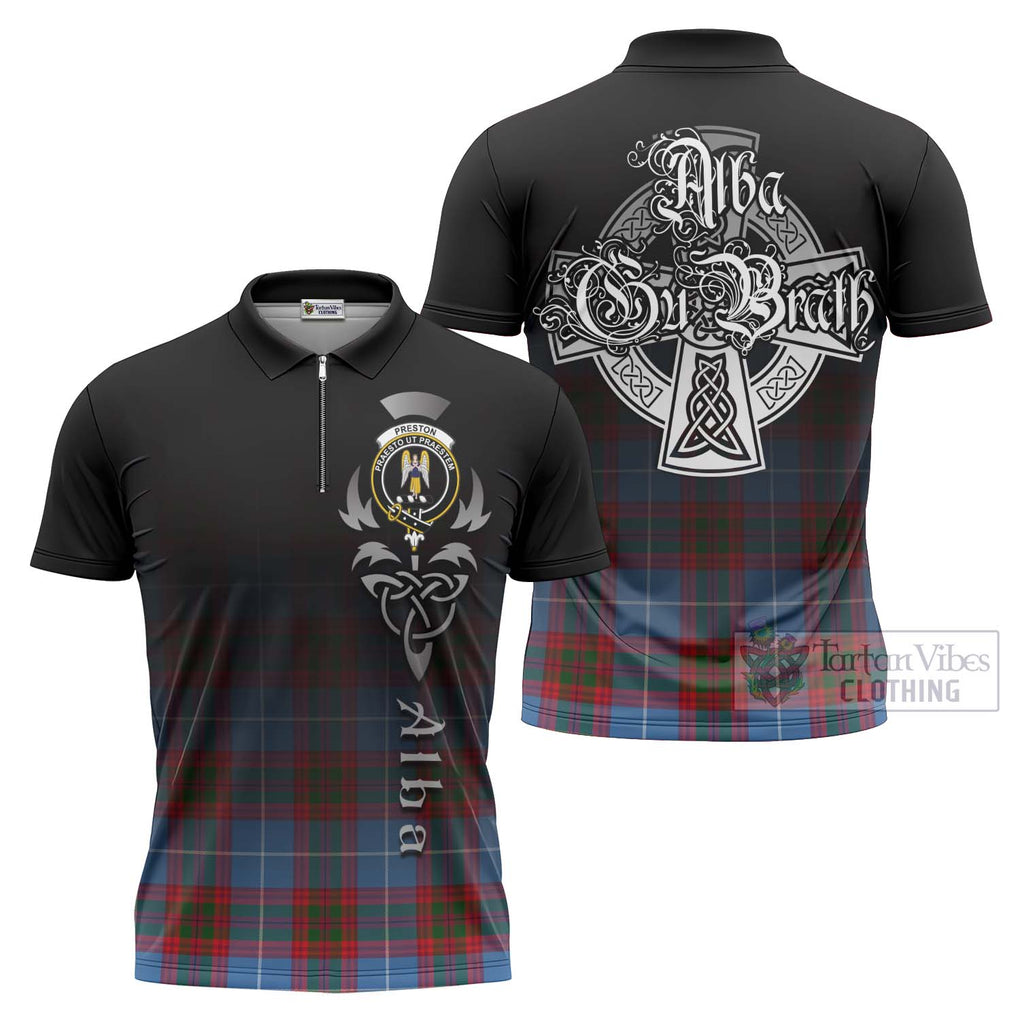 Preston Tartan Zipper Polo Shirt Featuring Alba Gu Brath Family Crest Celtic Inspired Unisex - Tartan Vibes Clothing