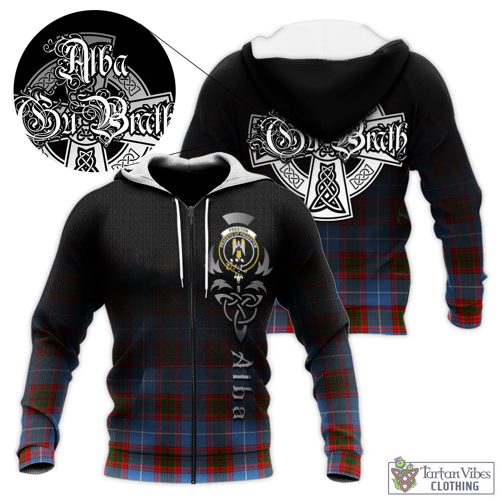 Preston Tartan Knitted Hoodie Featuring Alba Gu Brath Family Crest Celtic Inspired Unisex - Tartan Vibes Clothing