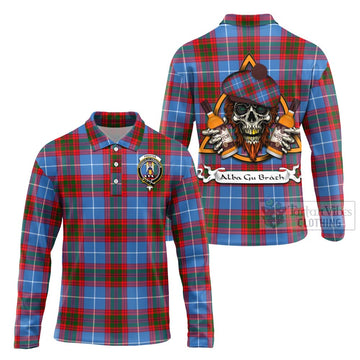 Preston Tartan Long Sleeve Polo Shirt with Family Crest and Bearded Skull Holding Bottles of Whiskey Unisex - Tartan Vibes Clothing