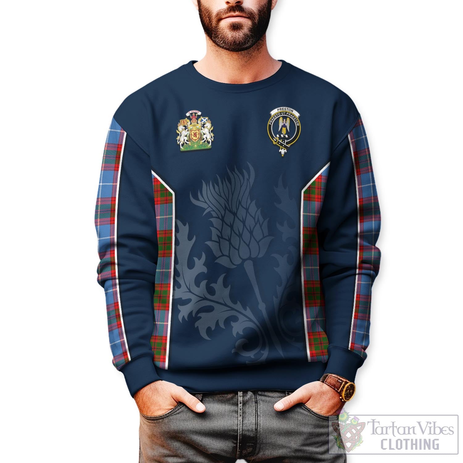 Preston Tartan Sweatshirt with Family Crest and Scottish Thistle Vibes Sport Style Unisex - Tartan Vibes Clothing