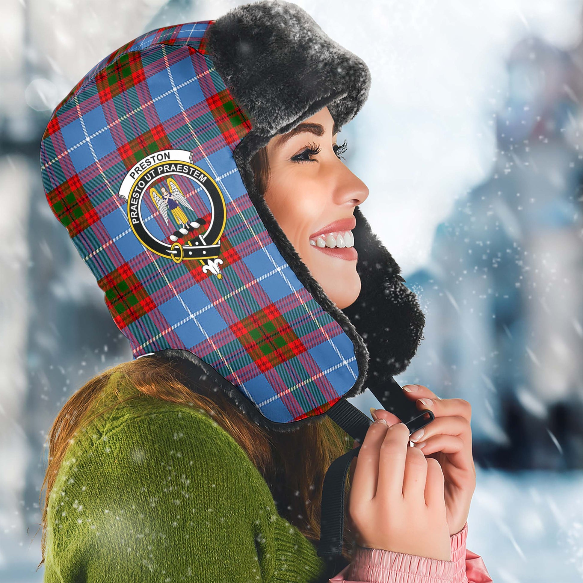 Preston Tartan Winter Trapper Hat with Family Crest Winter Trapper Hat Universal Fit Circumference 22.8in (58cm) - Tartan Vibes Clothing