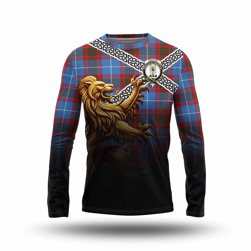 Preston Crest Tartan Long Sleeve T-Shirt with Golden Lion Emblem Celtic Style Unisex - Tartan Vibes Clothing