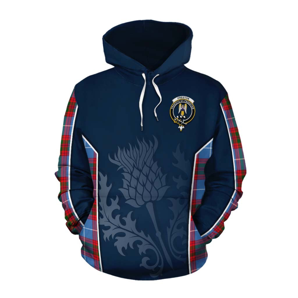 Tartan Vibes Clothing Preston Tartan Cotton Hoodie with Family Crest and Scottish Thistle Vibes Sport Style