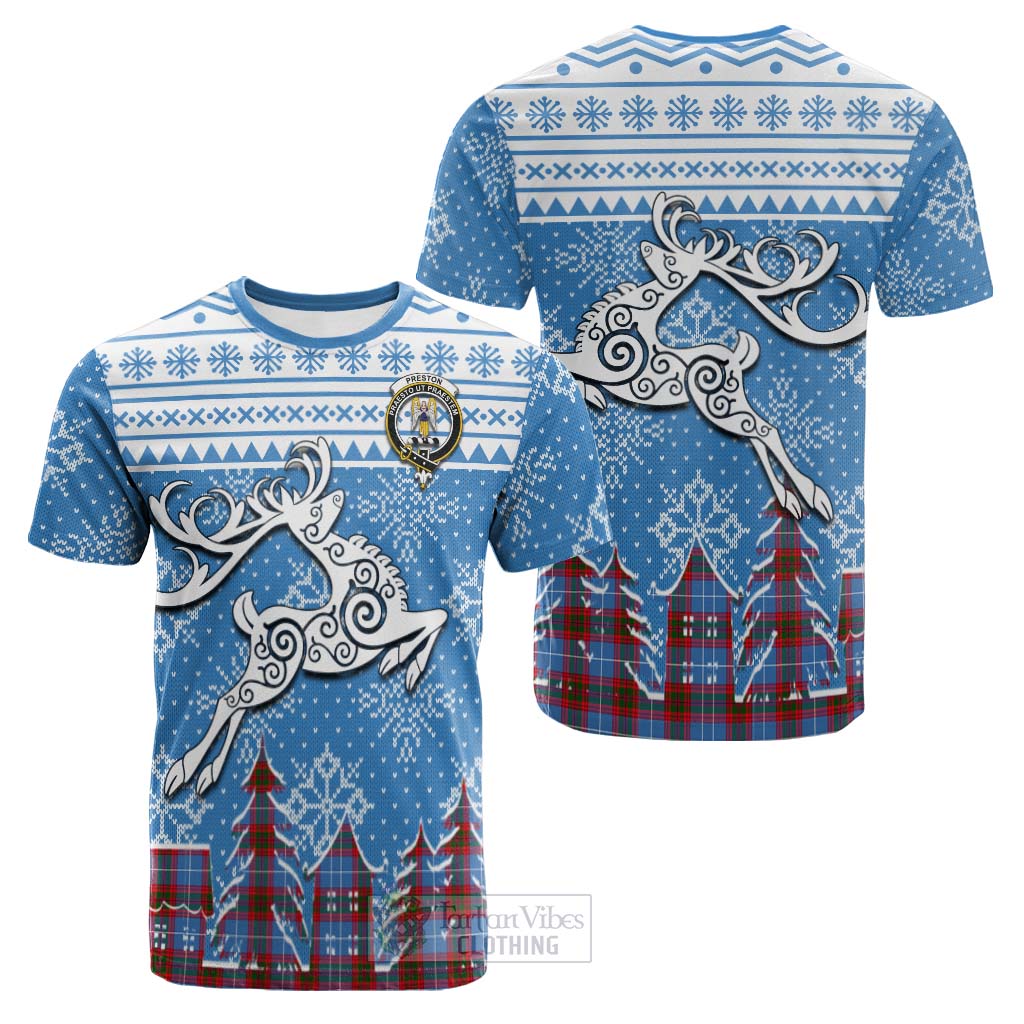 Preston Clan Christmas Cotton T-shirt Celtic Reindeer Style Kid's Shirt - Tartan Vibes Clothing