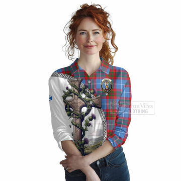 Preston Tartan Women's Casual Shirt with Family Crest and St. Andrew's Cross Accented by Thistle Vines Female - Tartan Vibes Clothing