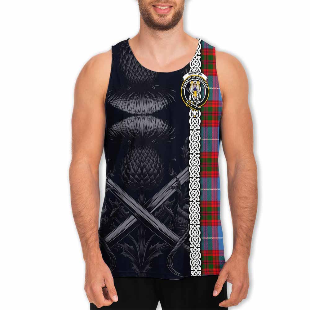 Preston Tartan Men's Tank Top with Family Crest Cross Sword Thistle Celtic Vibes Men - Tartan Vibes Clothing