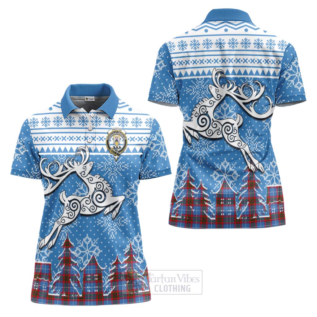Preston Clan Christmas Women's Polo Shirt Celtic Reindeer Style Women - Tartan Vibes Clothing