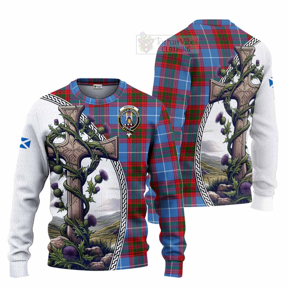Preston Tartan Knitted Sweater with Family Crest and St. Andrew's Cross Accented by Thistle Vines Unisex - Tartan Vibes Clothing