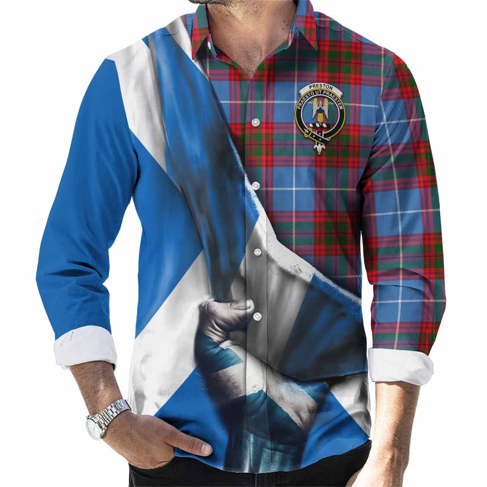 Preston Tartan Long Sleeve Button Shirt with Family Crest Scotland Patriotic Style Men's Shirt S - Tartan Vibes Clothing
