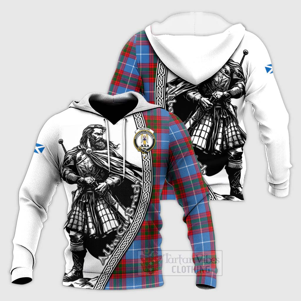 Preston Tartan Clan Crest Knitted Hoodie with Highlander Warrior Celtic Style Unisex Knitted Pullover Hoodie - Tartan Vibes Clothing