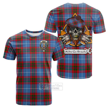 Preston Tartan Cotton T-shirt with Family Crest and Bearded Skull Holding Bottles of Whiskey Kid's Shirt - Tartan Vibes Clothing