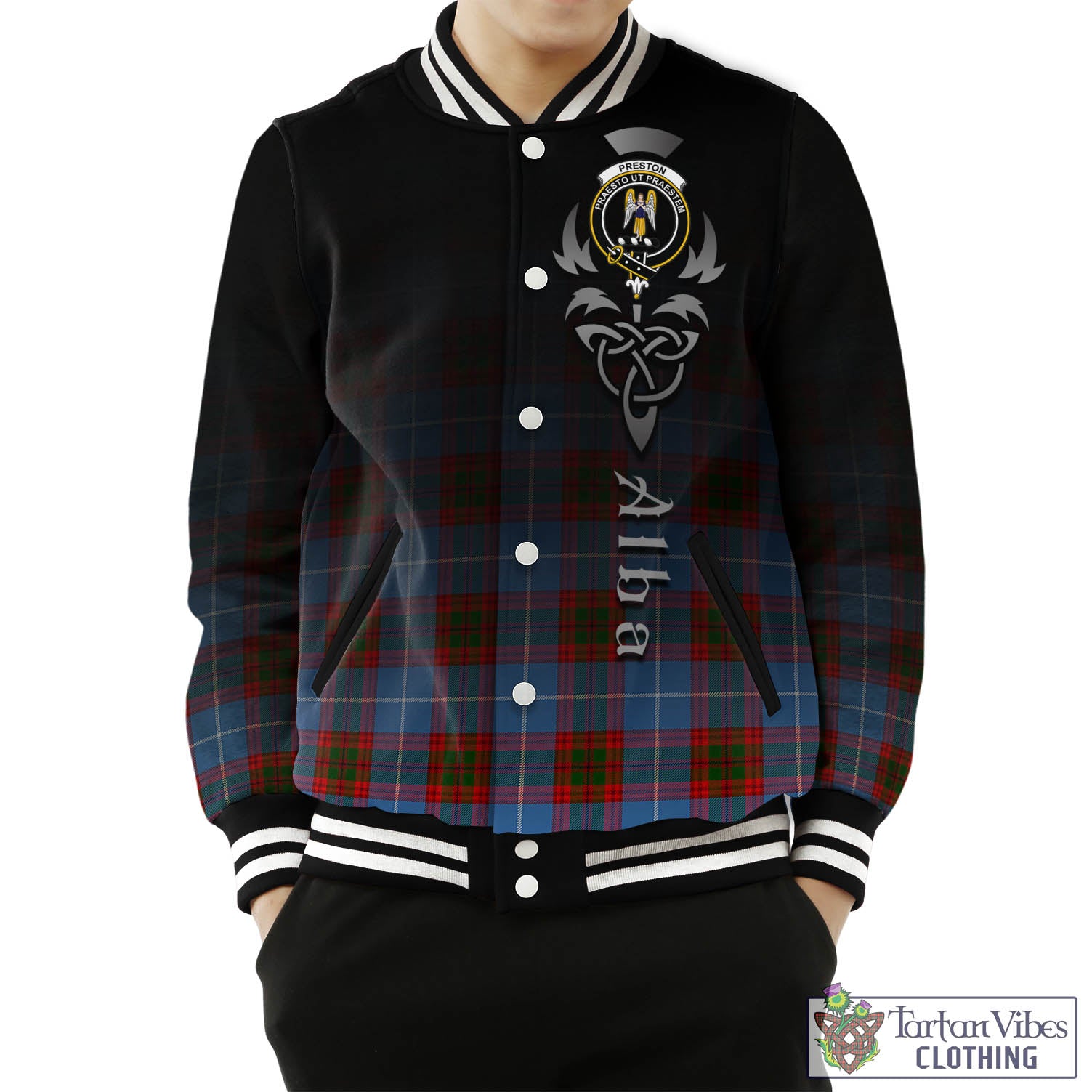 Preston Tartan Baseball Jacket Featuring Alba Gu Brath Family Crest Celtic Inspired Unisex - Tartan Vibes Clothing