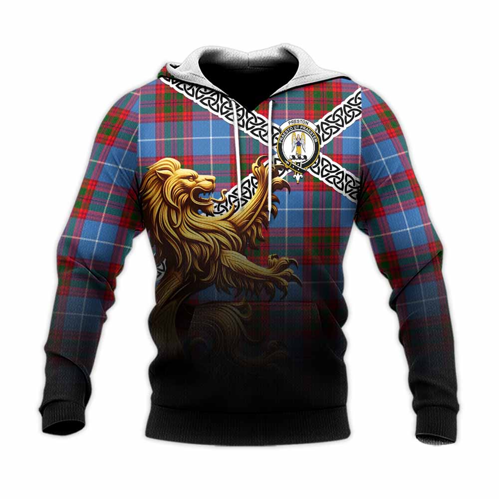 Preston Crest Tartan Knitted Hoodie with Golden Lion Emblem Celtic Style Unisex Knitted Pullover Hoodie - Tartan Vibes Clothing