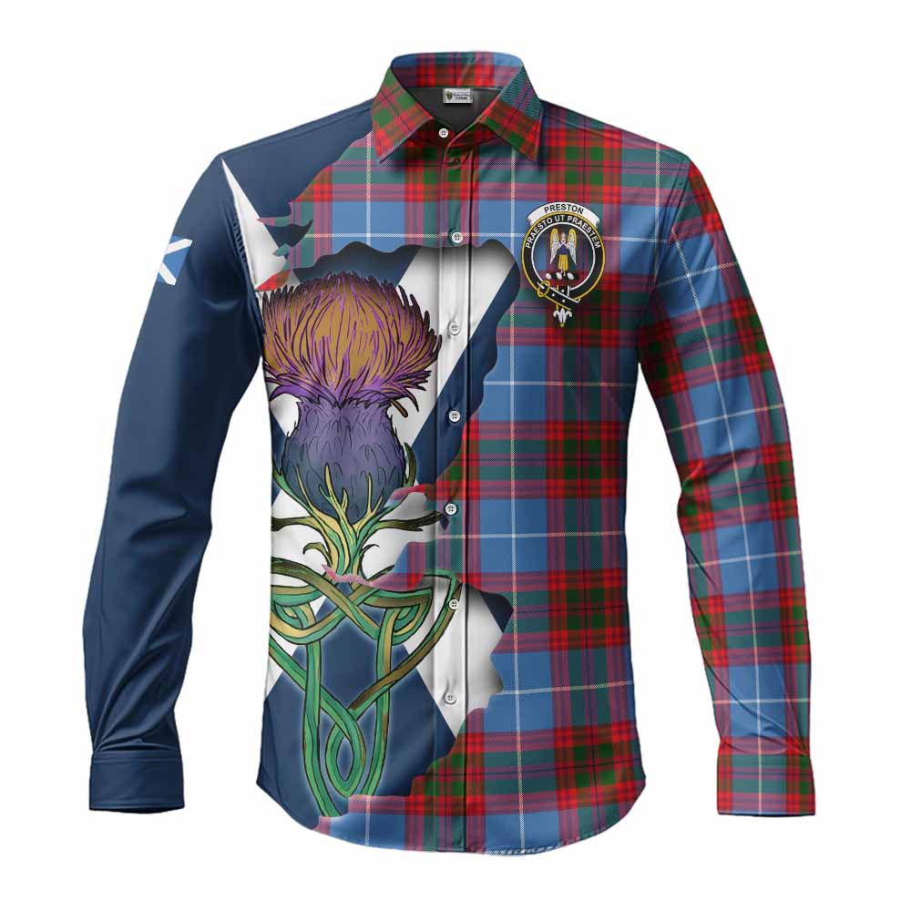 Preston Tartan Family Crest Long Sleeve Button Shirt Scottish Thistle Celtic Inspired Men's Shirt S - Tartan Vibes Clothing