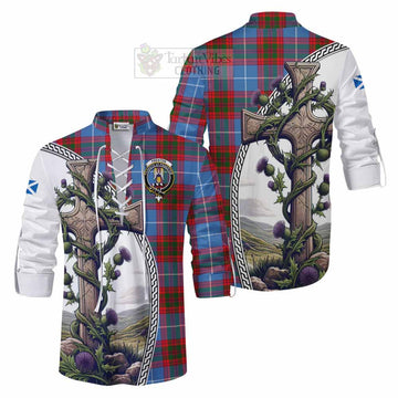Preston Tartan Ghillie Kilt Shirt with Family Crest and St. Andrew's Cross Accented by Thistle Vines Men - Tartan Vibes Clothing