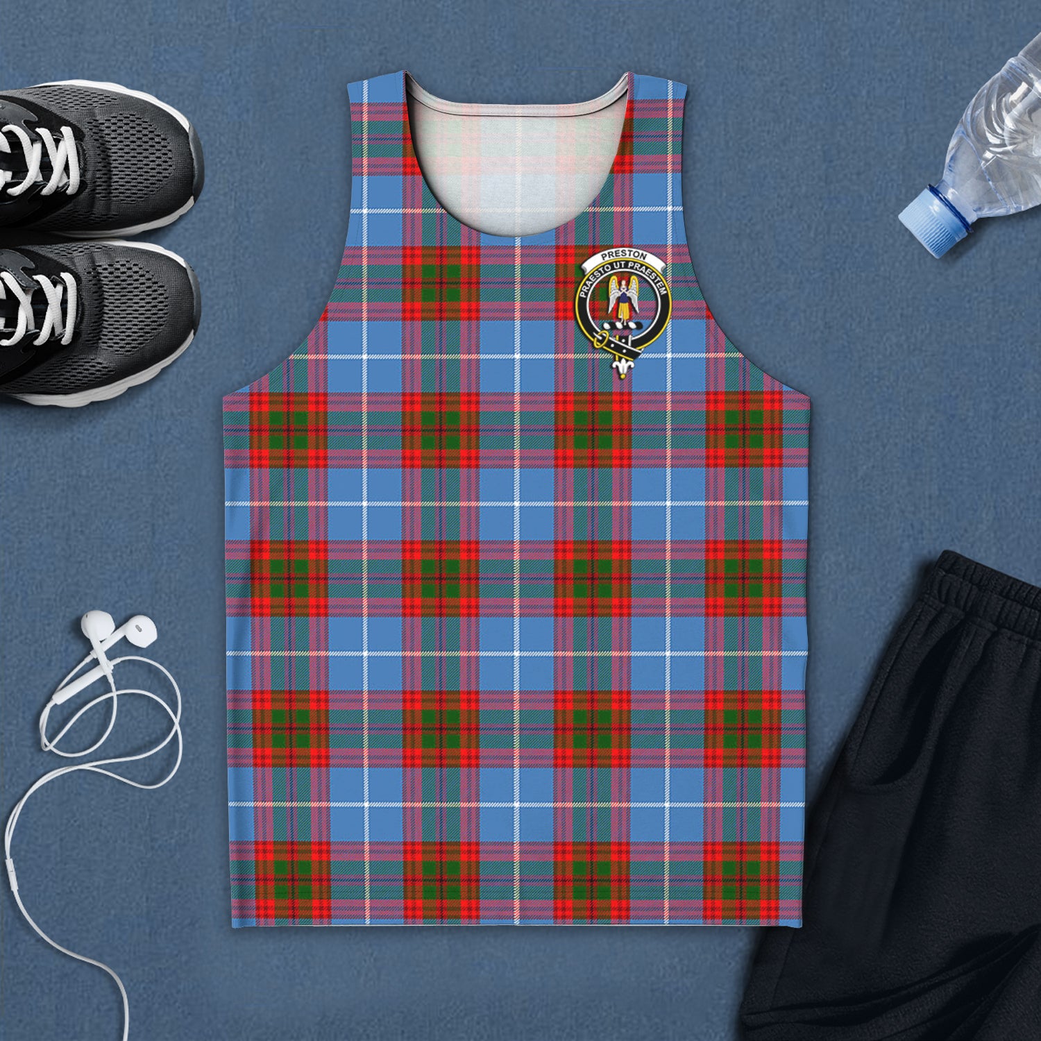 Preston Tartan Mens Tank Top with Family Crest 5XL - Tartan Vibes Clothing