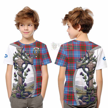 Preston Tartan Kid T-Shirt with Family Crest and St. Andrew's Cross Accented by Thistle Vines Youth XL Size14 - Tartan Vibes Clothing