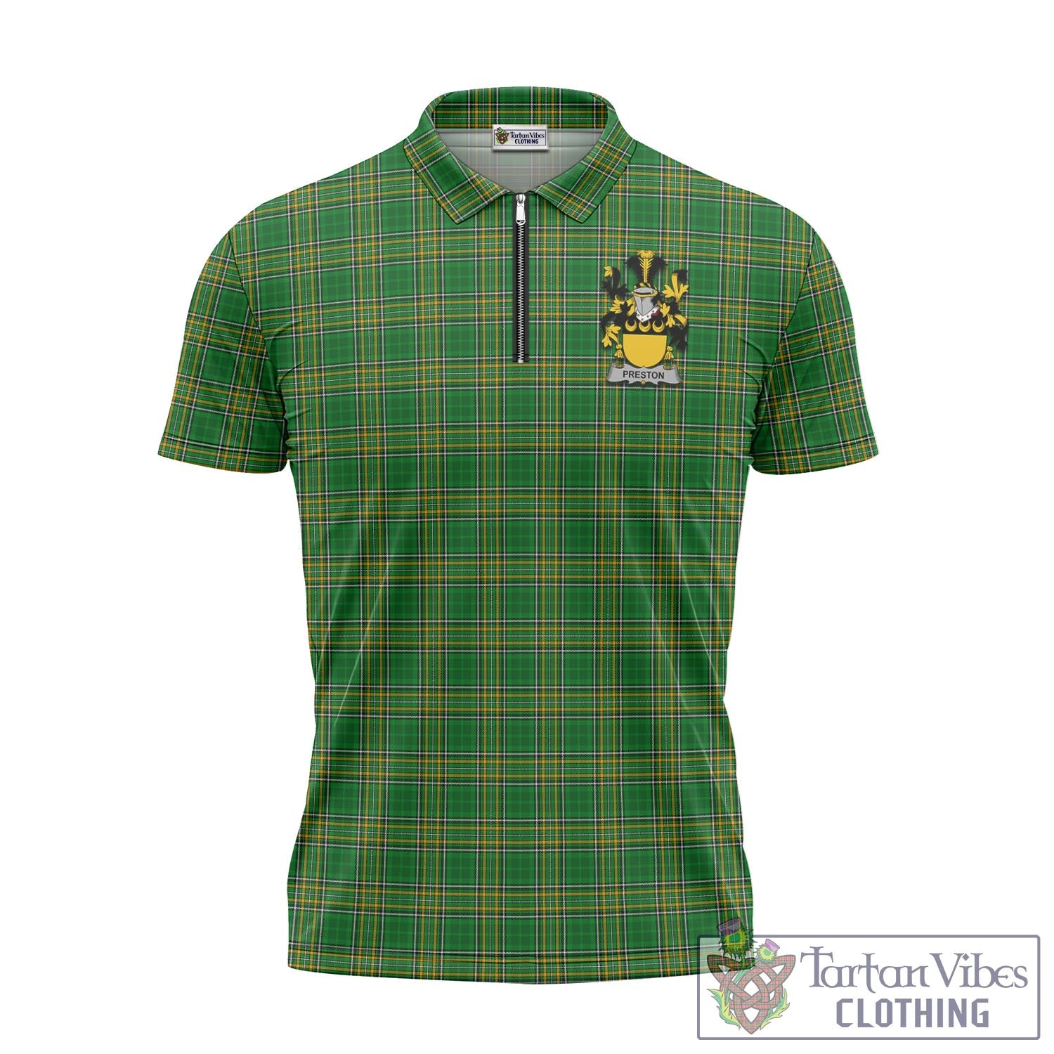 Tartan Vibes Clothing Preston Ireland Clan Tartan Zipper Polo Shirt with Coat of Arms