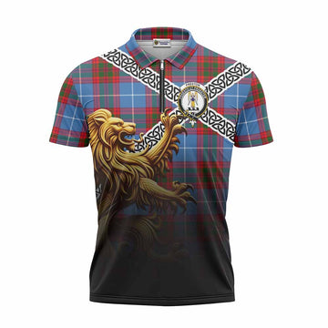 Preston Crest Tartan Zipper Polo Shirt with Golden Lion Emblem Celtic Style Unisex - Tartan Vibes Clothing