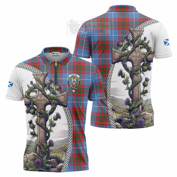 Preston Tartan Zipper Polo Shirt with Family Crest and St. Andrew's Cross Accented by Thistle Vines Unisex - Tartan Vibes Clothing