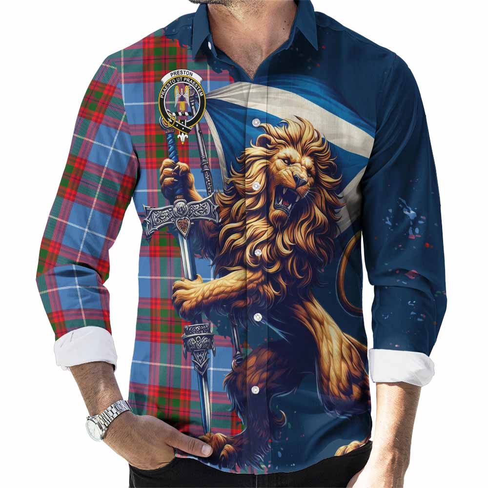 Preston Tartan Family Crest Long Sleeve Button Shirt with Scottish Majestic Lion Men's Shirt S - Tartan Vibes Clothing
