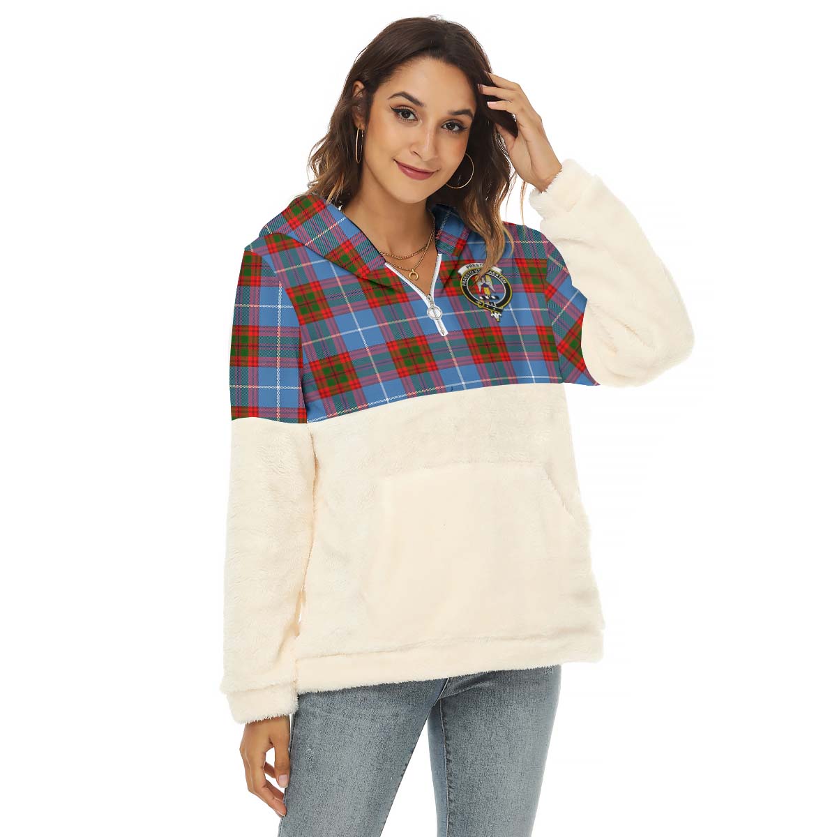 Preston Tartan Half Style Women's Borg Fleece Hoodie with Half Zip with Family Crest Female - Tartan Vibes Clothing