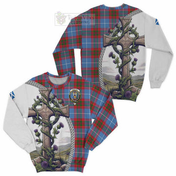 Preston Tartan Sweatshirt with Family Crest and St. Andrew's Cross Accented by Thistle Vines Unisex - Tartan Vibes Clothing