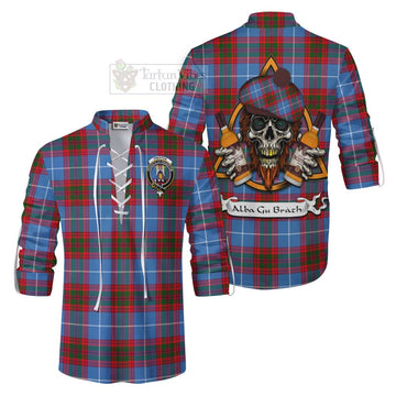 Preston Tartan Ghillie Kilt Shirt with Family Crest and Bearded Skull Holding Bottles of Whiskey Men - Tartan Vibes Clothing
