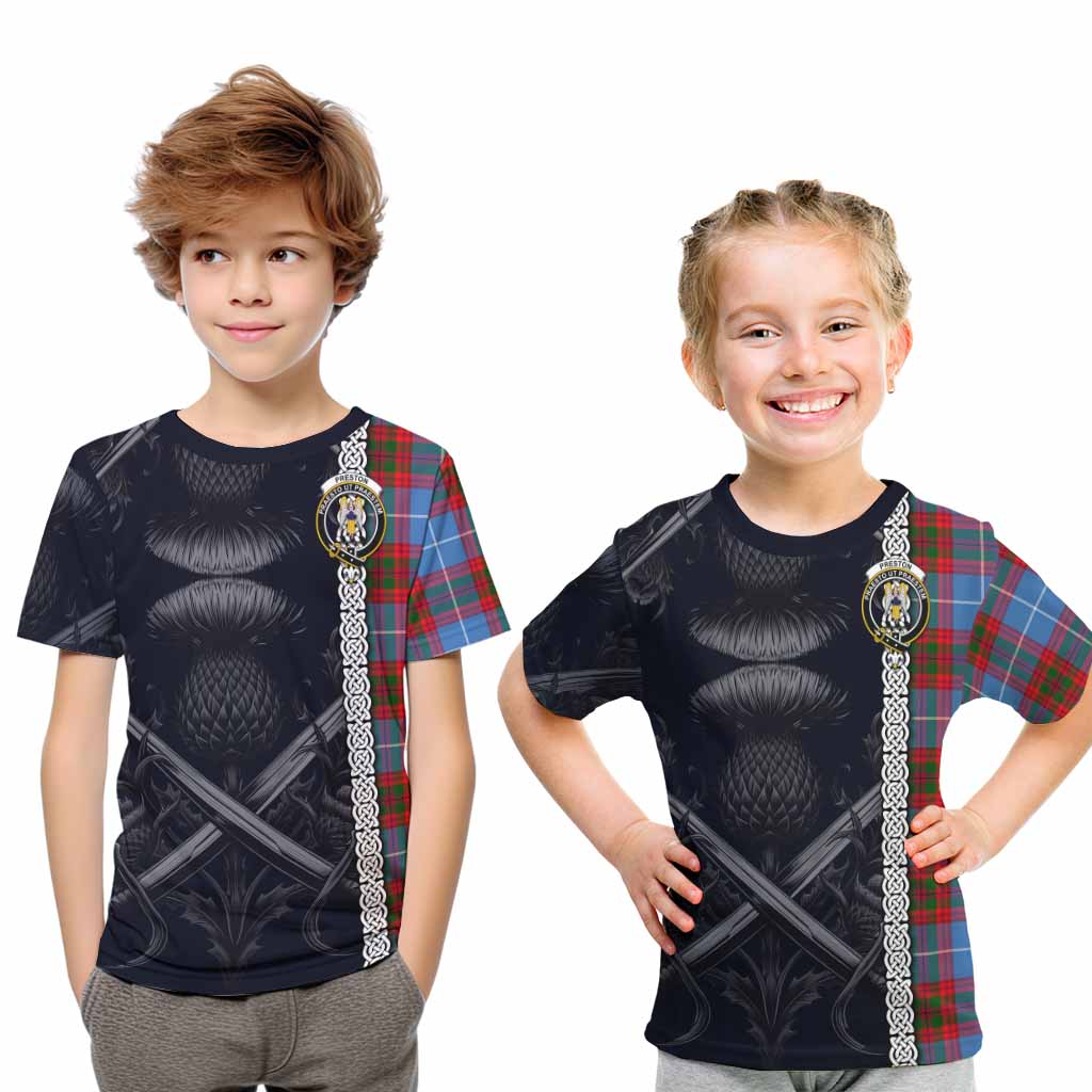 Preston Tartan Kid T-Shirt with Family Crest Cross Sword Thistle Celtic Vibes Youth XL Size14 - Tartan Vibes Clothing