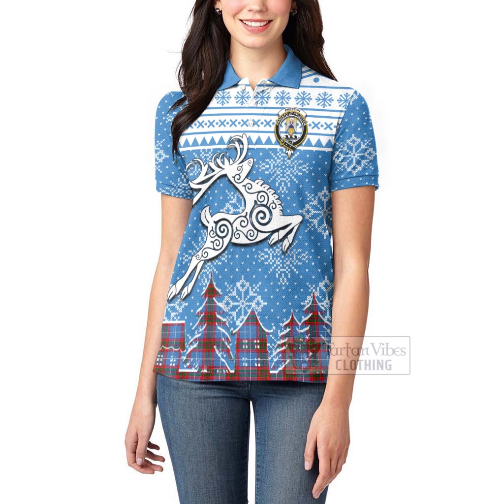 Preston Clan Christmas Women's Polo Shirt Celtic Reindeer Style - Tartan Vibes Clothing