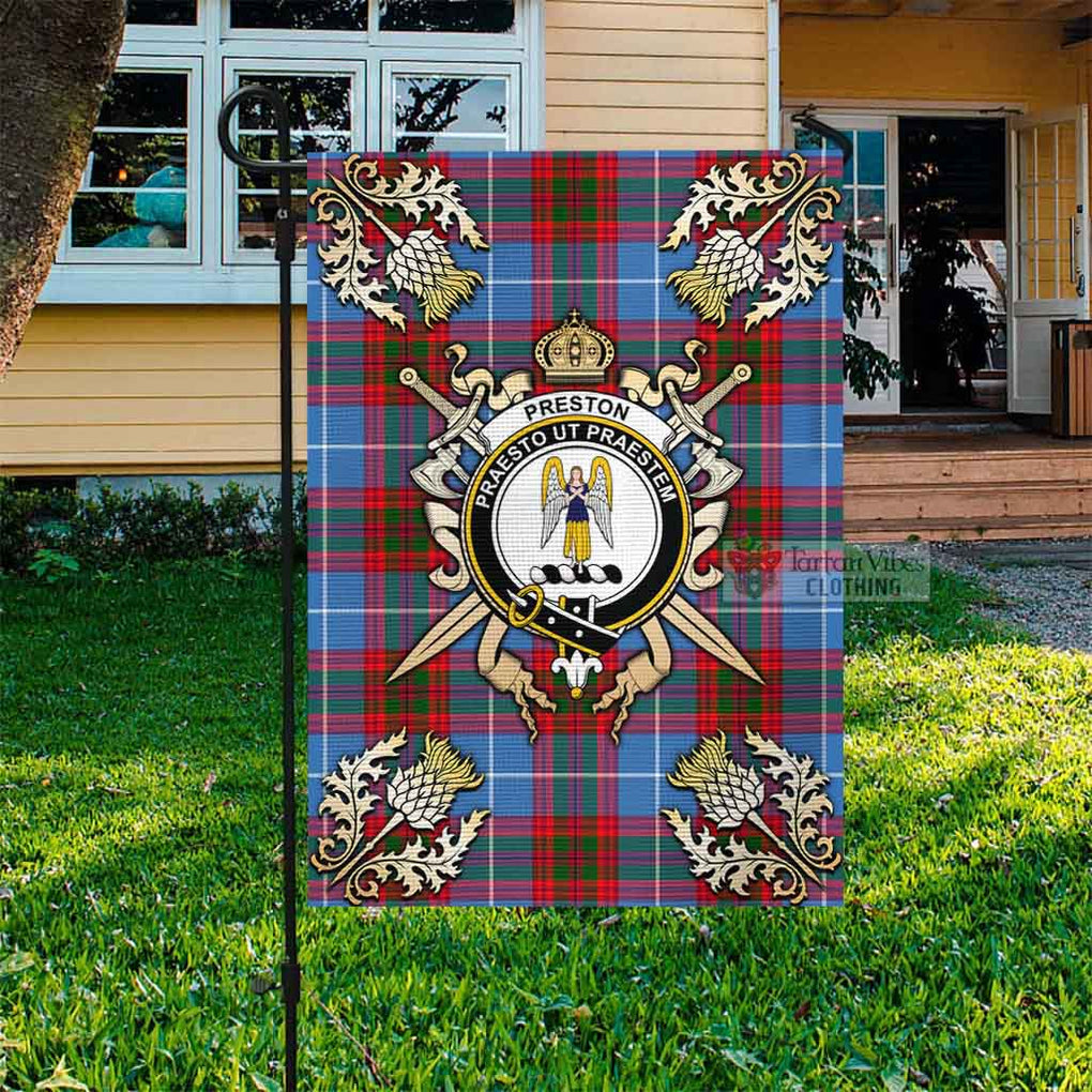 Preston Tartan Garden Flag with Family Crest and Golden Thistle Crossed Sword Design Garden Flag - Tartan Vibes Clothing