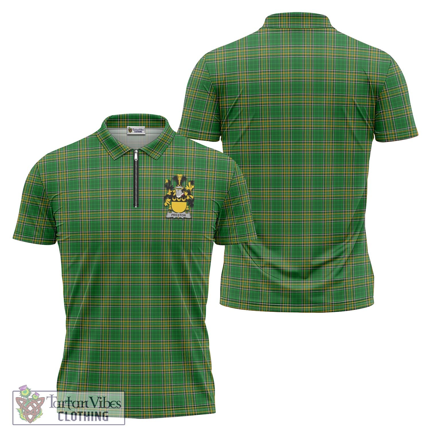 Tartan Vibes Clothing Preston Ireland Clan Tartan Zipper Polo Shirt with Coat of Arms