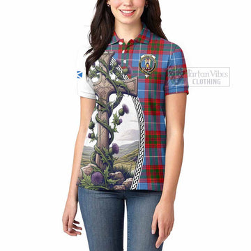 Preston Tartan Women's Polo Shirt with Family Crest and St. Andrew's Cross Accented by Thistle Vines - Tartan Vibes Clothing