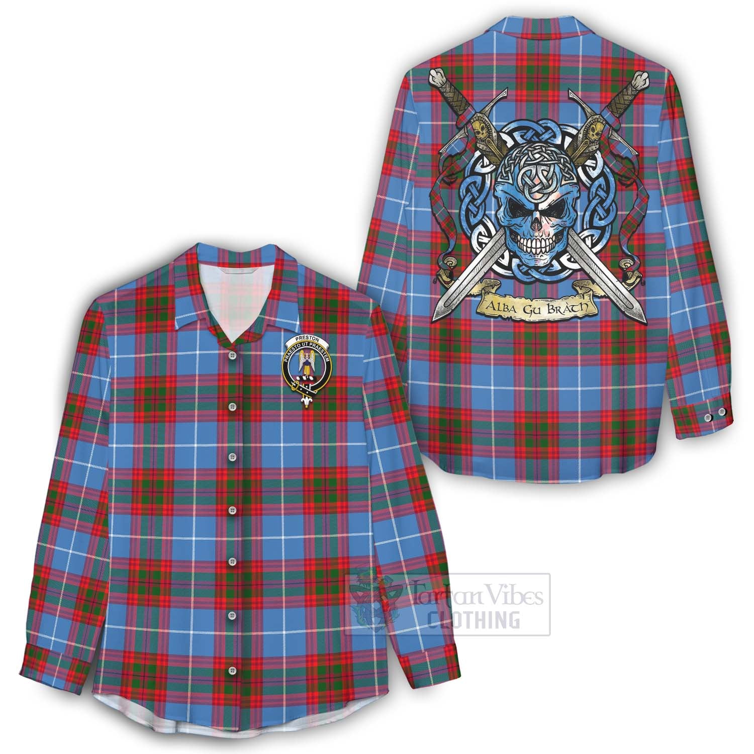 Preston Tartan Women's Casual Shirt with Family Crest Celtic Skull Style - Tartan Vibes Clothing