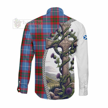 Preston Tartan Long Sleeve Button Shirt with Family Crest and St. Andrew's Cross Accented by Thistle Vines Men's Shirt - Tartan Vibes Clothing