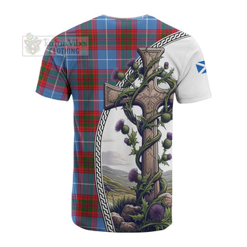 Preston Tartan Cotton T-shirt with Family Crest and St. Andrew's Cross Accented by Thistle Vines - Tartan Vibes Clothing