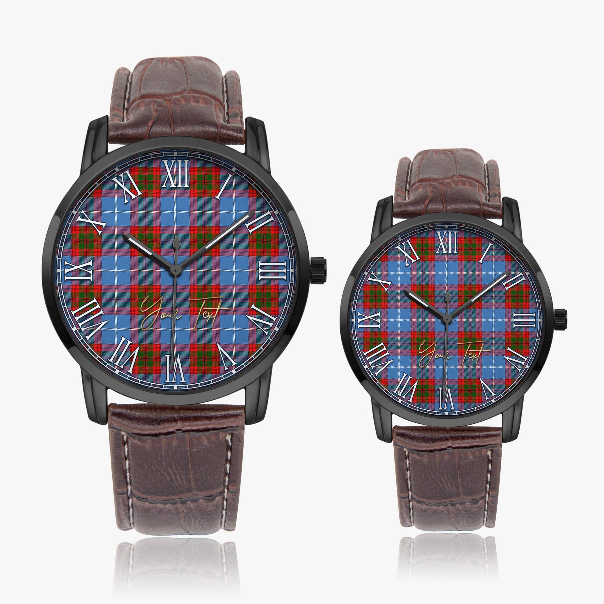 Preston Tartan Personalized Your Text Leather Trap Quartz Watch Wide Type Black Case With Brown Leather Strap - Tartanvibesclothing