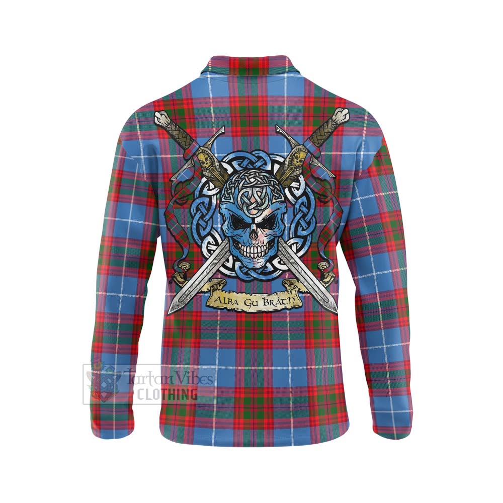 Preston Tartan Long Sleeve Polo Shirt with Family Crest Celtic Skull Style - Tartan Vibes Clothing