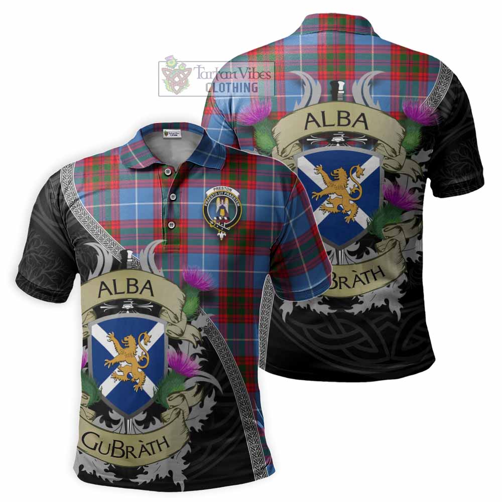 Preston Tartan Family Crest Polo Shirt Lion Rampant Royal Thistle Shield Celtic Inspired - Tartan Vibes Clothing