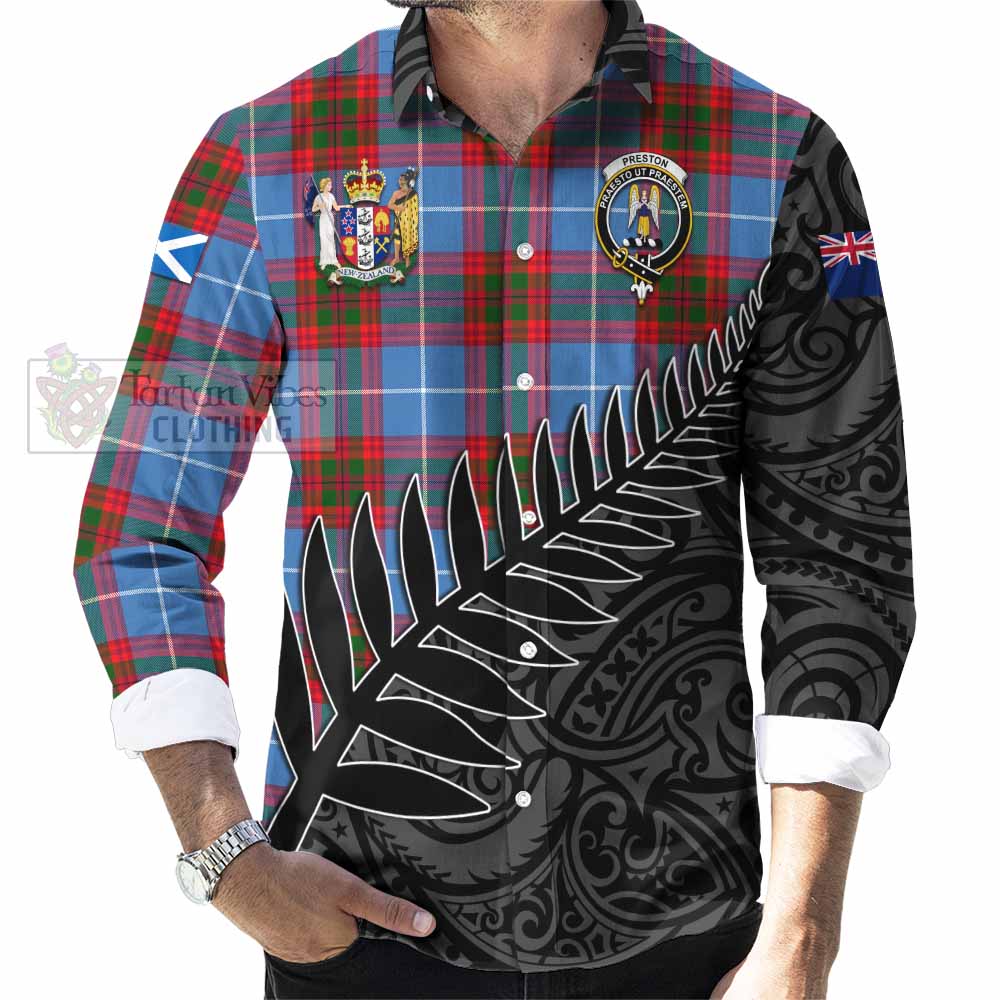 Preston Crest Tartan Long Sleeve Button Shirt with New Zealand Silver Fern Half Style - Tartan Vibes Clothing