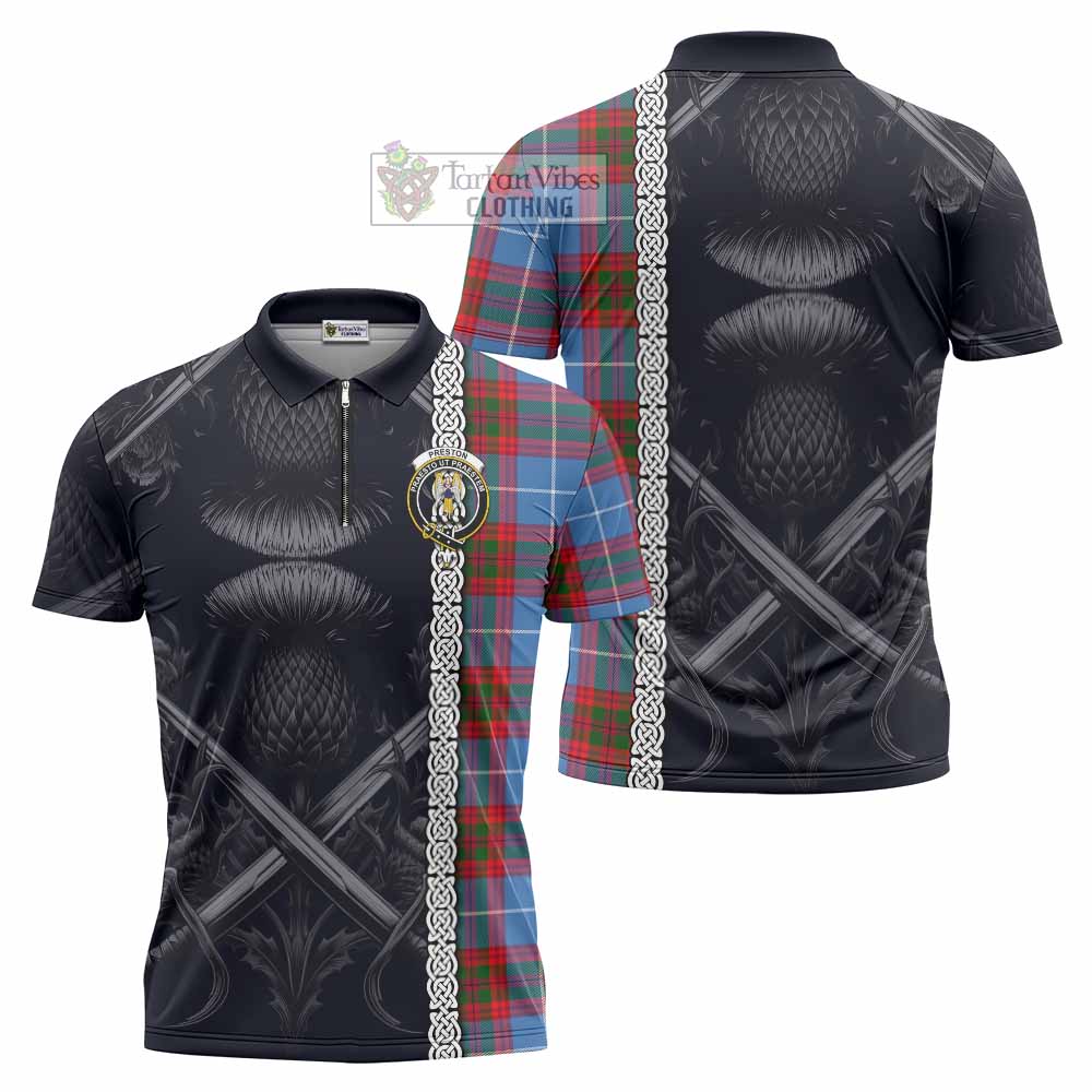 Preston Tartan Zipper Polo Shirt with Family Crest Cross Sword Thistle Celtic Vibes - Tartan Vibes Clothing